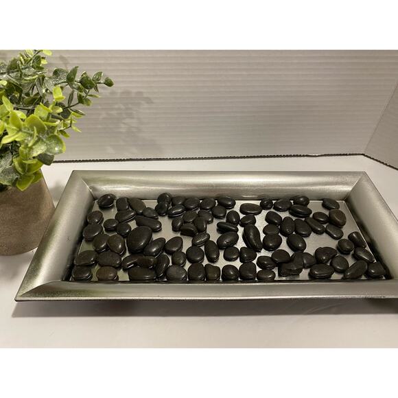 Artificial Plant with Stone Style Planter on Silver Tray with Black River Rocks - Picture 8 of 10